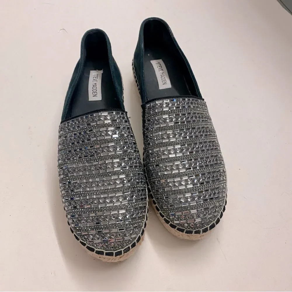 STEVE MADDEN Proud Black Silver Embellished Leather Platform Espadrilles shoe 10